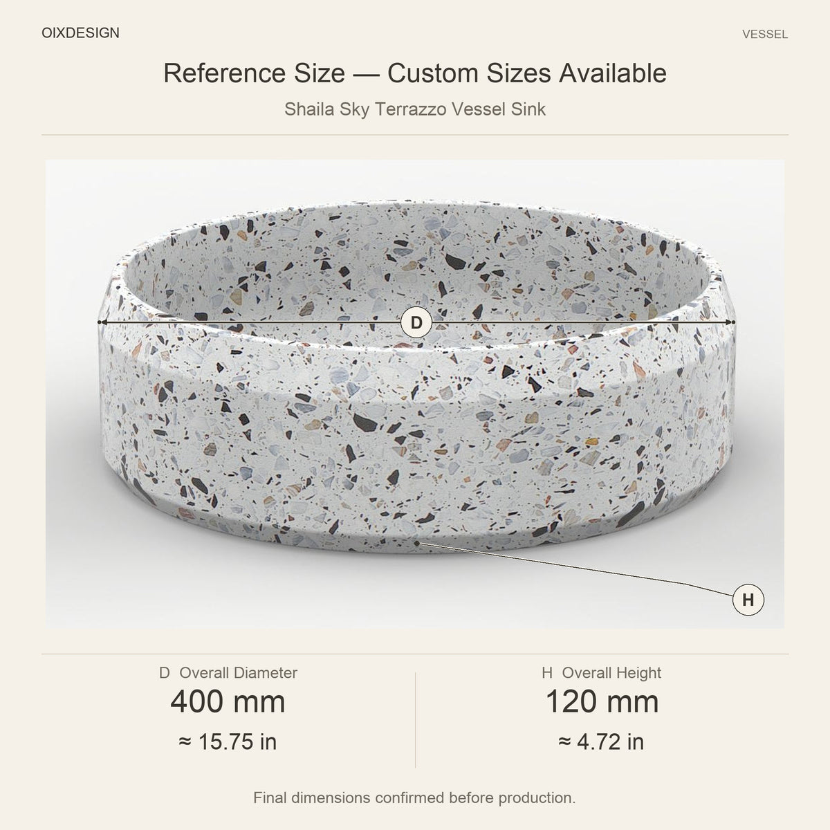 Shaila Sky Terrazzo Vessel Sink reference overall dimensions in millimeters and inches