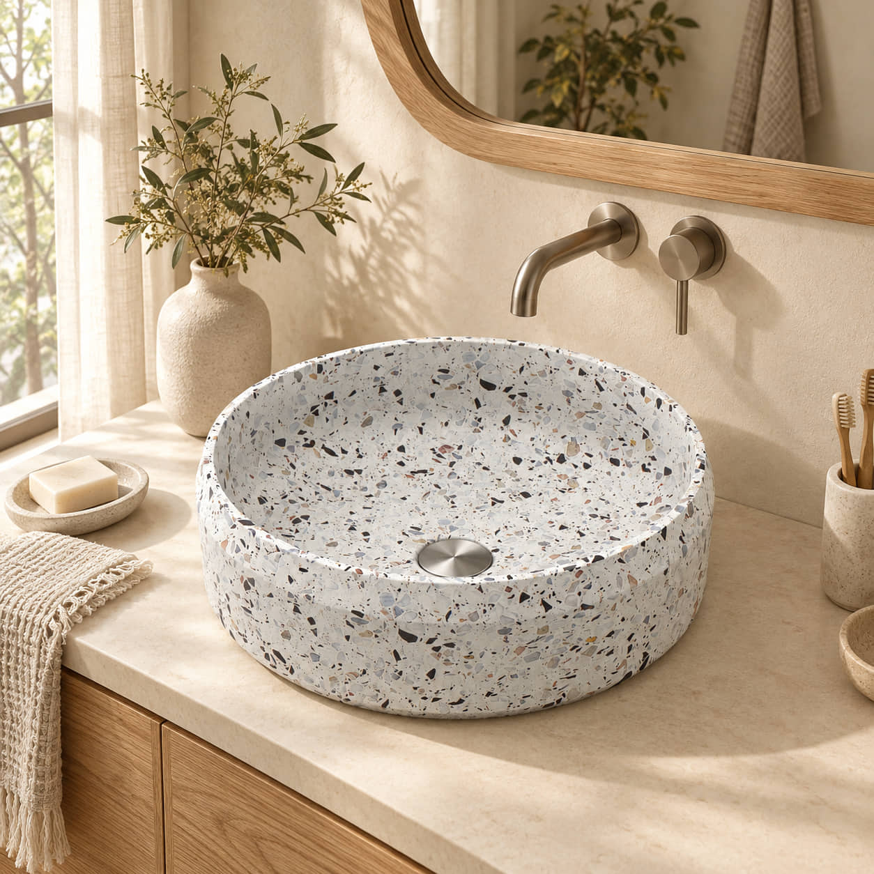 Shaila Sky Terrazzo vessel sink in an ivory and oak bathroom