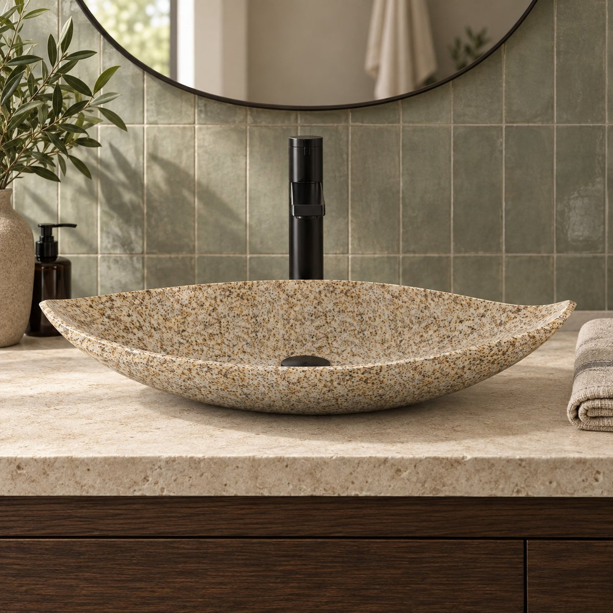 Sikota Sicilia Stone Vessel Sink — low frontal bathroom lifestyle