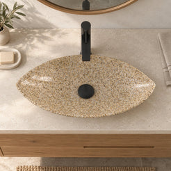 Sikota Sicilia Stone Vessel Sink — overhead bathroom lifestyle