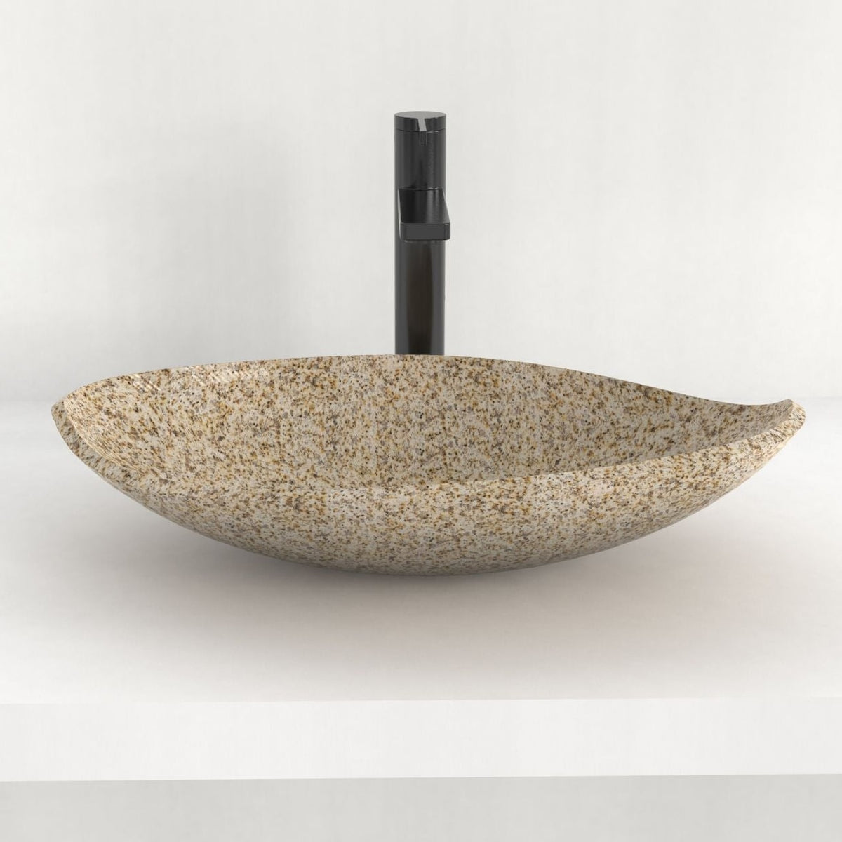 Sikota Sicilia Stone Vessel Sink, side view showing the shallow curved bowl and rising ends