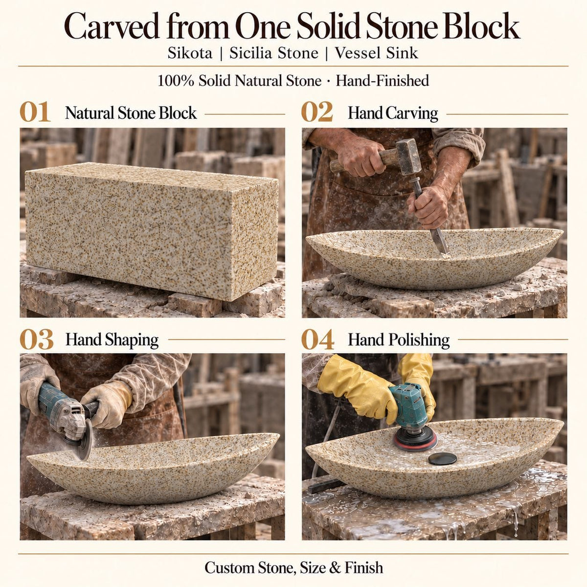 Sikota Sicilia Stone Vessel Sink carved from one solid stone block, showing manual hammer-and-chisel carving, hand shaping and hand polishing; custom stone, size and finish.