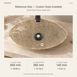 Sikota Sicilia Stone Vessel Sink reference overall dimensions in millimeters and inches