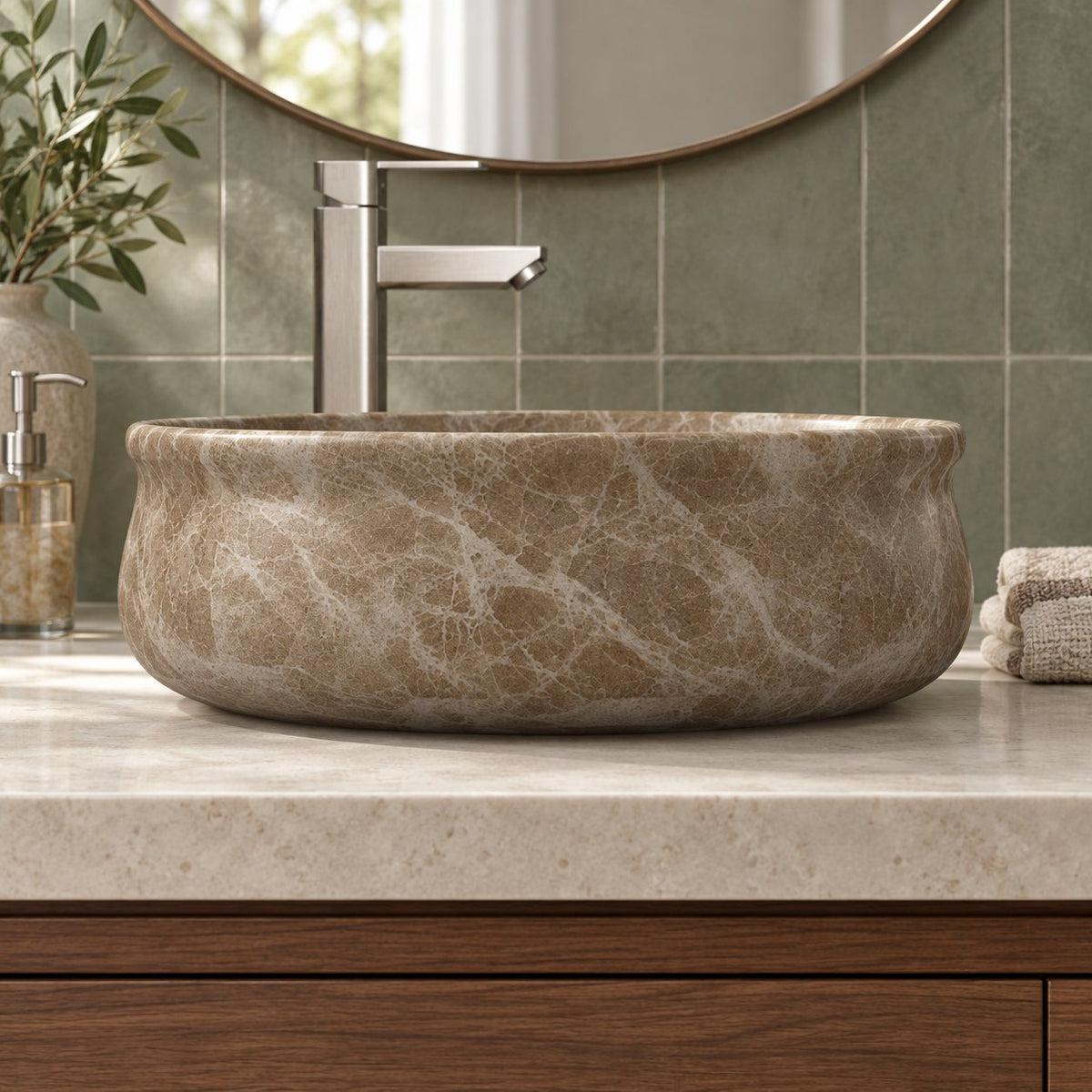 Silafi Maricca Marble Vessel Sink — low frontal bathroom lifestyle