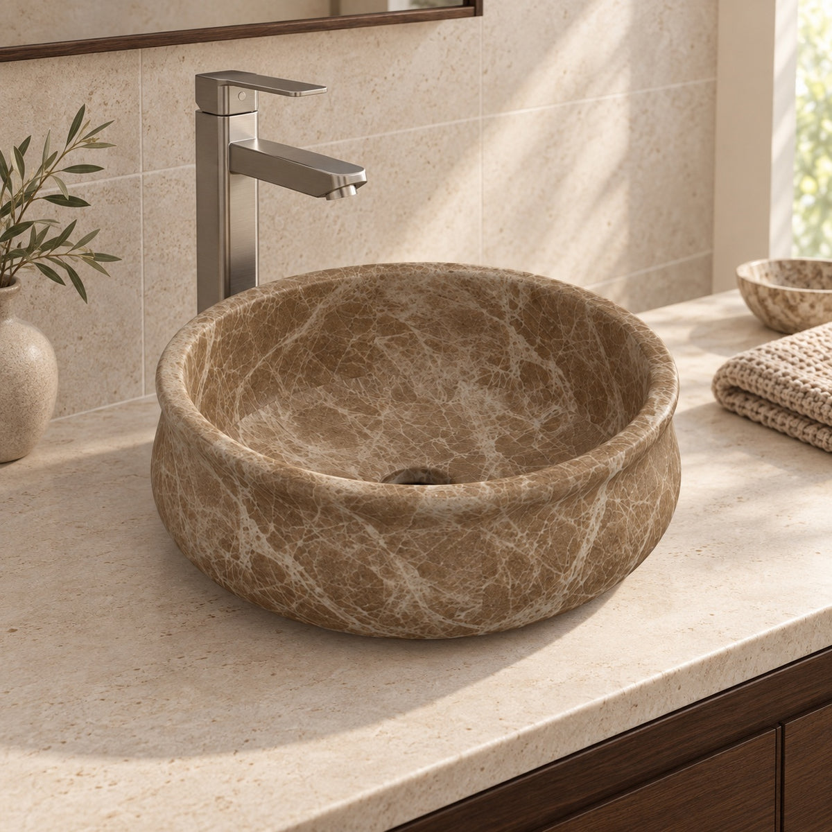 Silafi Maricca Marble Vessel Sink, second countertop view of the bowl and rim