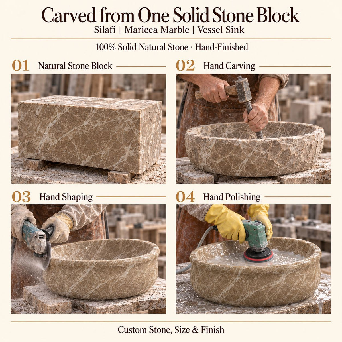 Silafi Maricca Marble Vessel Sink carved from one solid stone block, showing manual hammer-and-chisel carving, hand shaping and hand polishing; custom stone, size and finish.