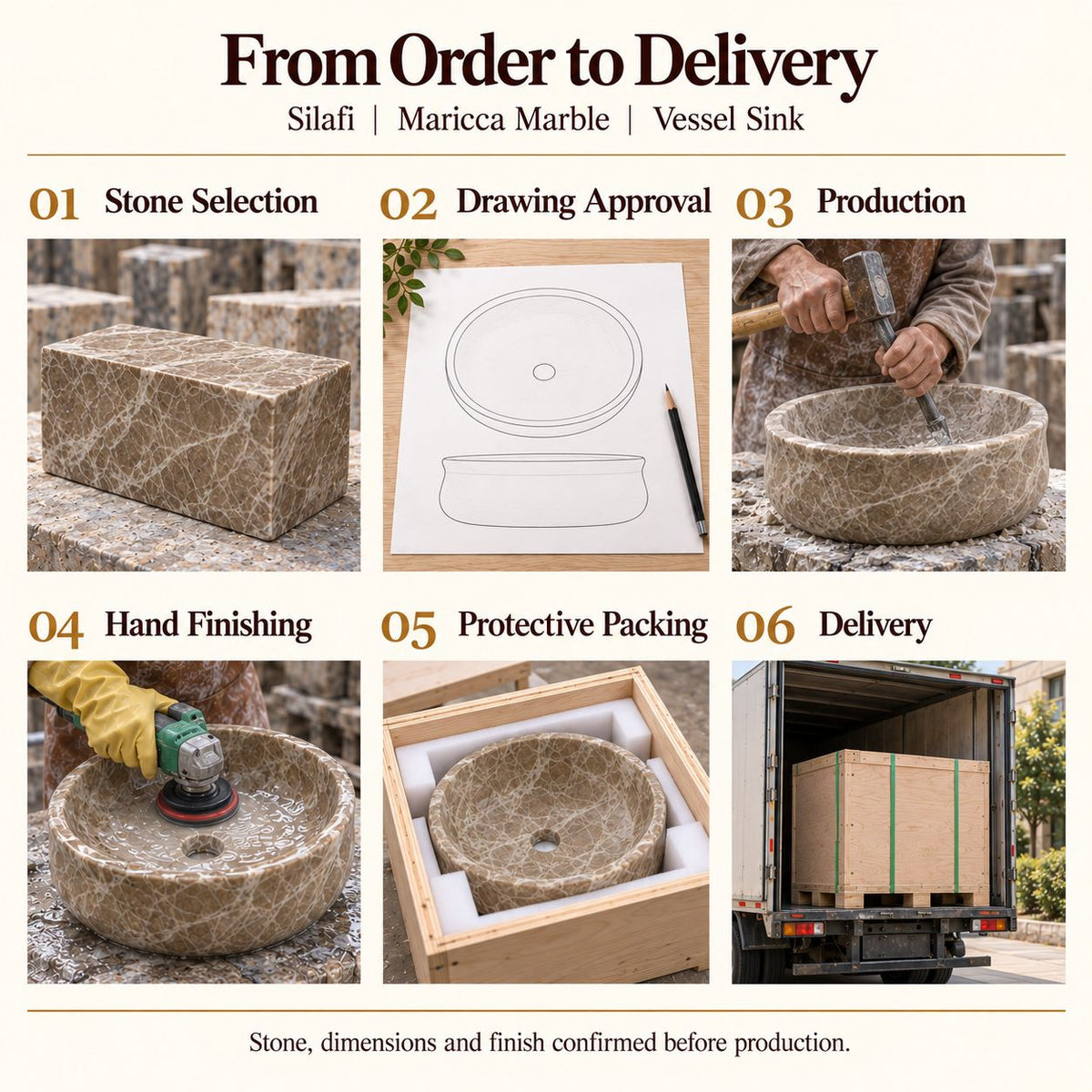 Silafi Maricca Marble Vessel Sink from order to delivery: material selection, drawing approval, production, hand finishing, protective foam packing in a plywood crate and delivery; specifications confirmed before production.