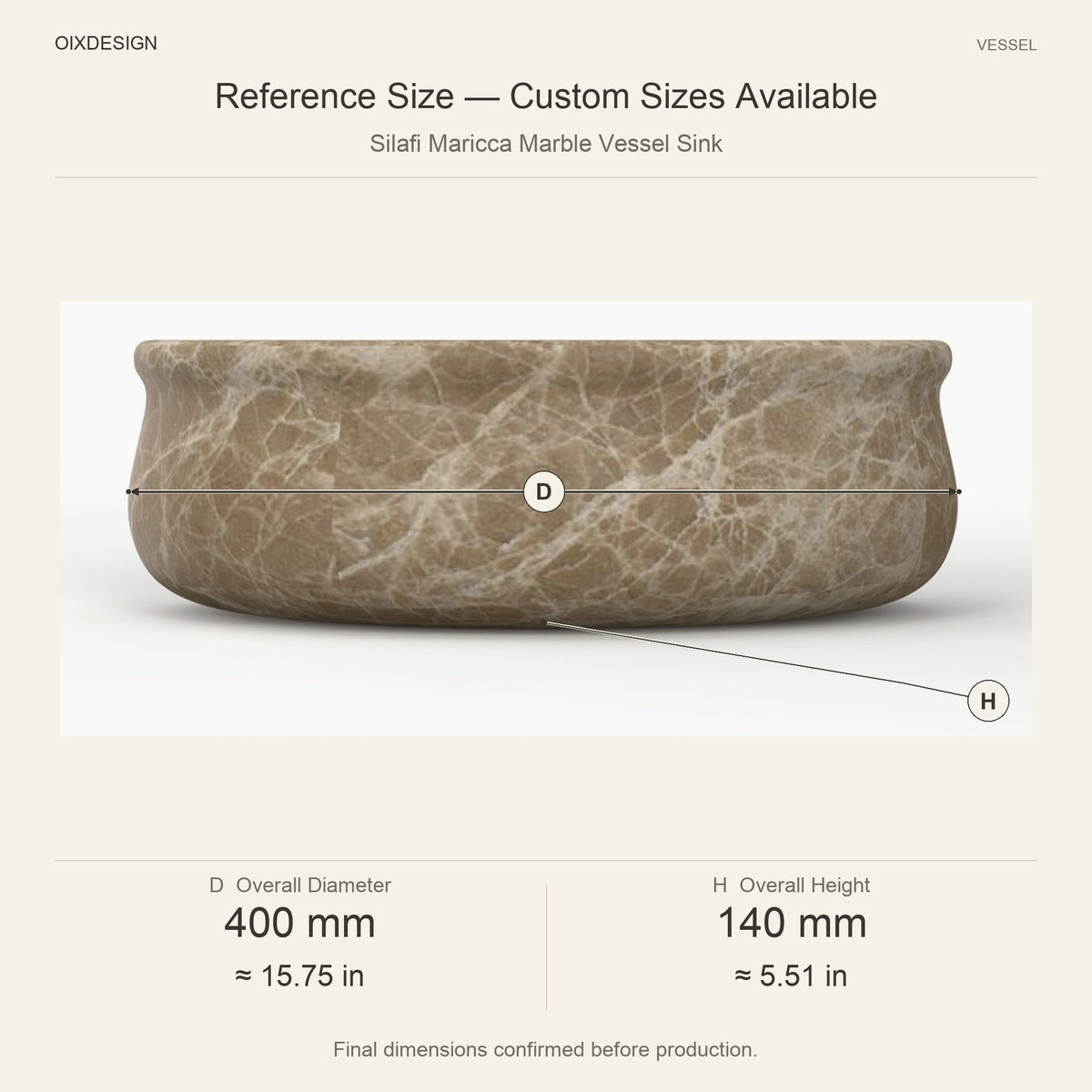 Silafi Maricca Marble Vessel Sink reference overall dimensions in millimeters and inches