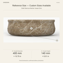 Silafi Maricca Marble Vessel Sink reference overall dimensions in millimeters and inches