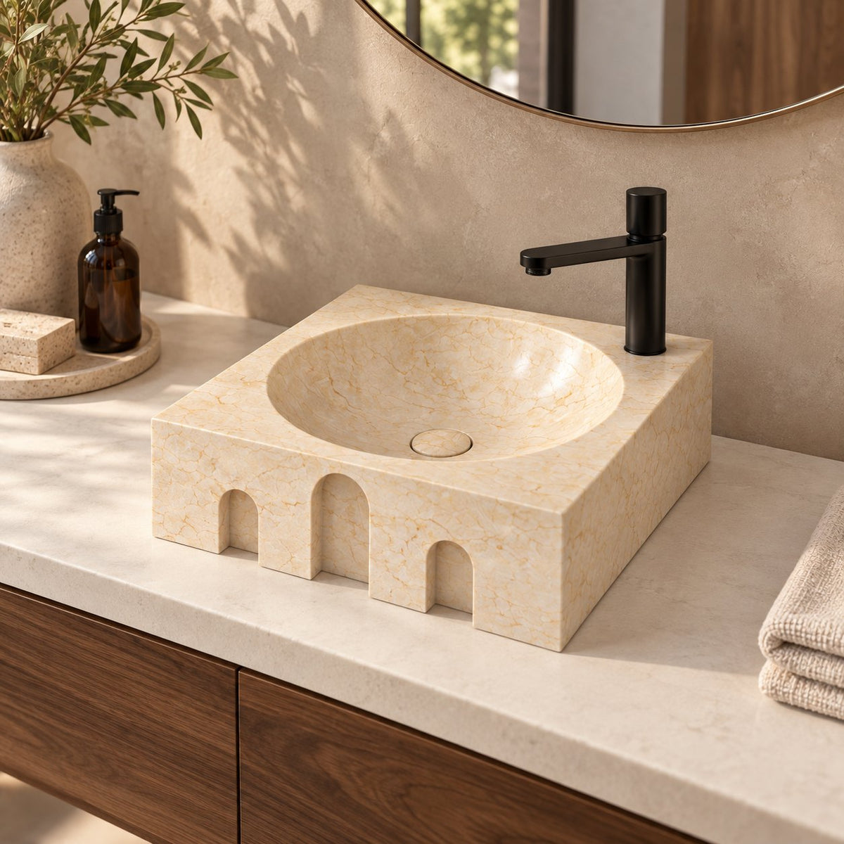 Silvia Crema Marble Vessel Sink — three-quarter bathroom lifestyle