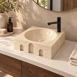 Silvia Crema Marble Vessel Sink — three-quarter bathroom lifestyle