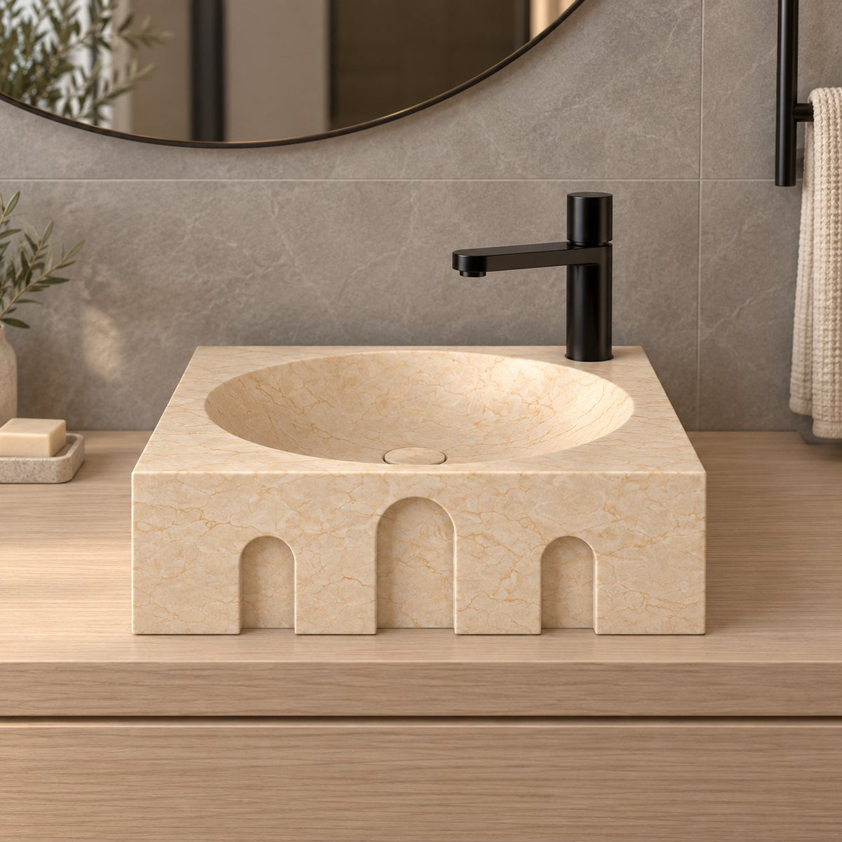 Silvia Crema Marble Vessel Sink — low frontal bathroom lifestyle