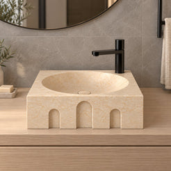 Silvia Crema Marble Vessel Sink — low frontal bathroom lifestyle