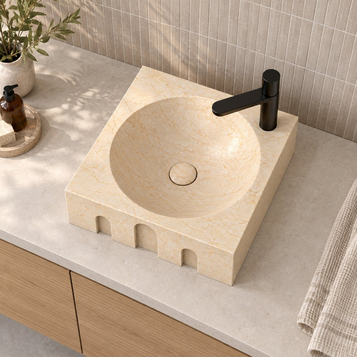 Silvia Crema Marble Vessel Sink — overhead bathroom lifestyle