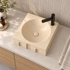 Silvia Crema Marble Vessel Sink — overhead bathroom lifestyle