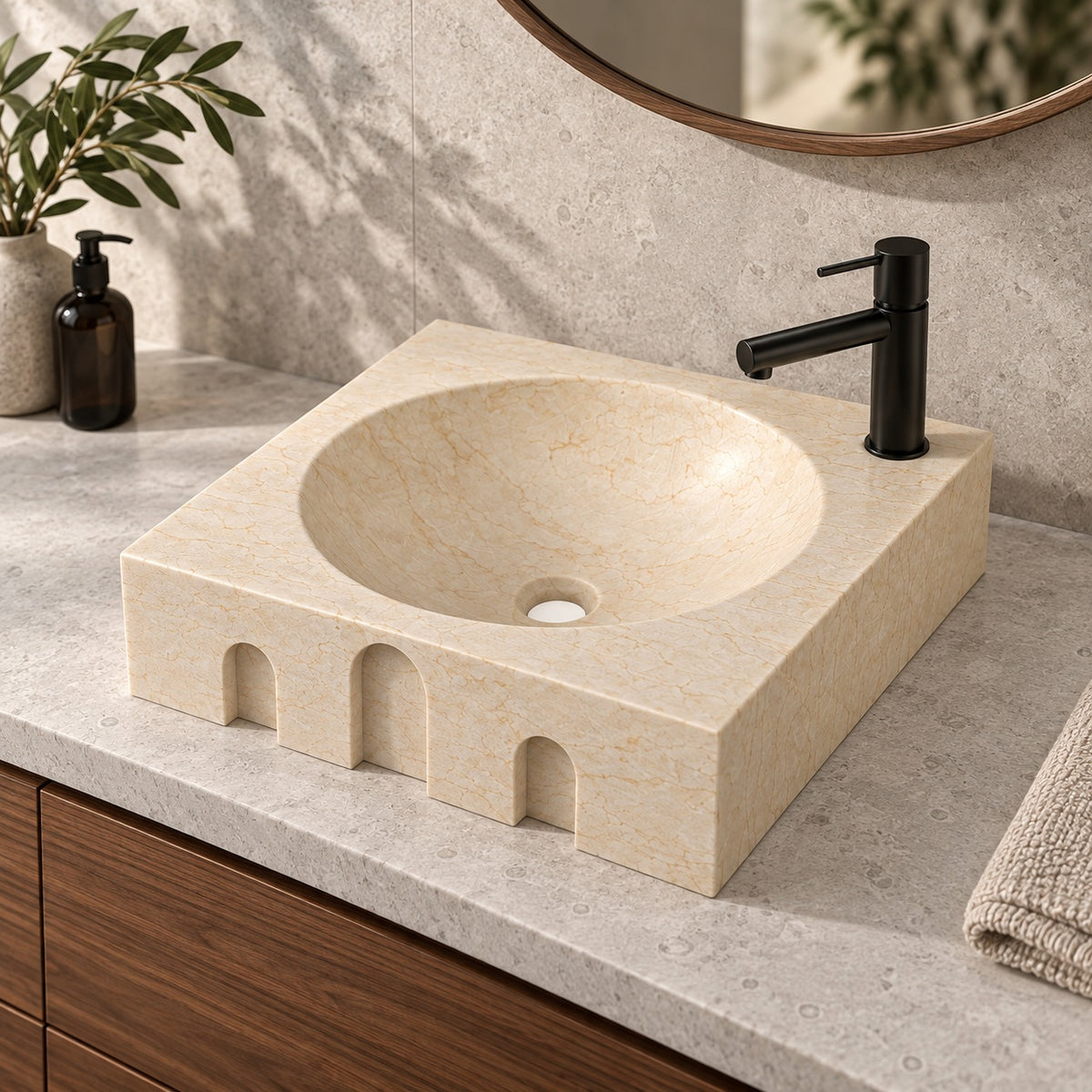 Silvia Crema Marble Vessel Sink, countertop hero lifestyle view