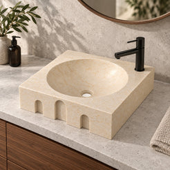 Silvia Crema Marble Vessel Sink, countertop hero lifestyle view