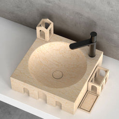 Silvia Crema Marble Vessel Sink, interior, rim and material detail