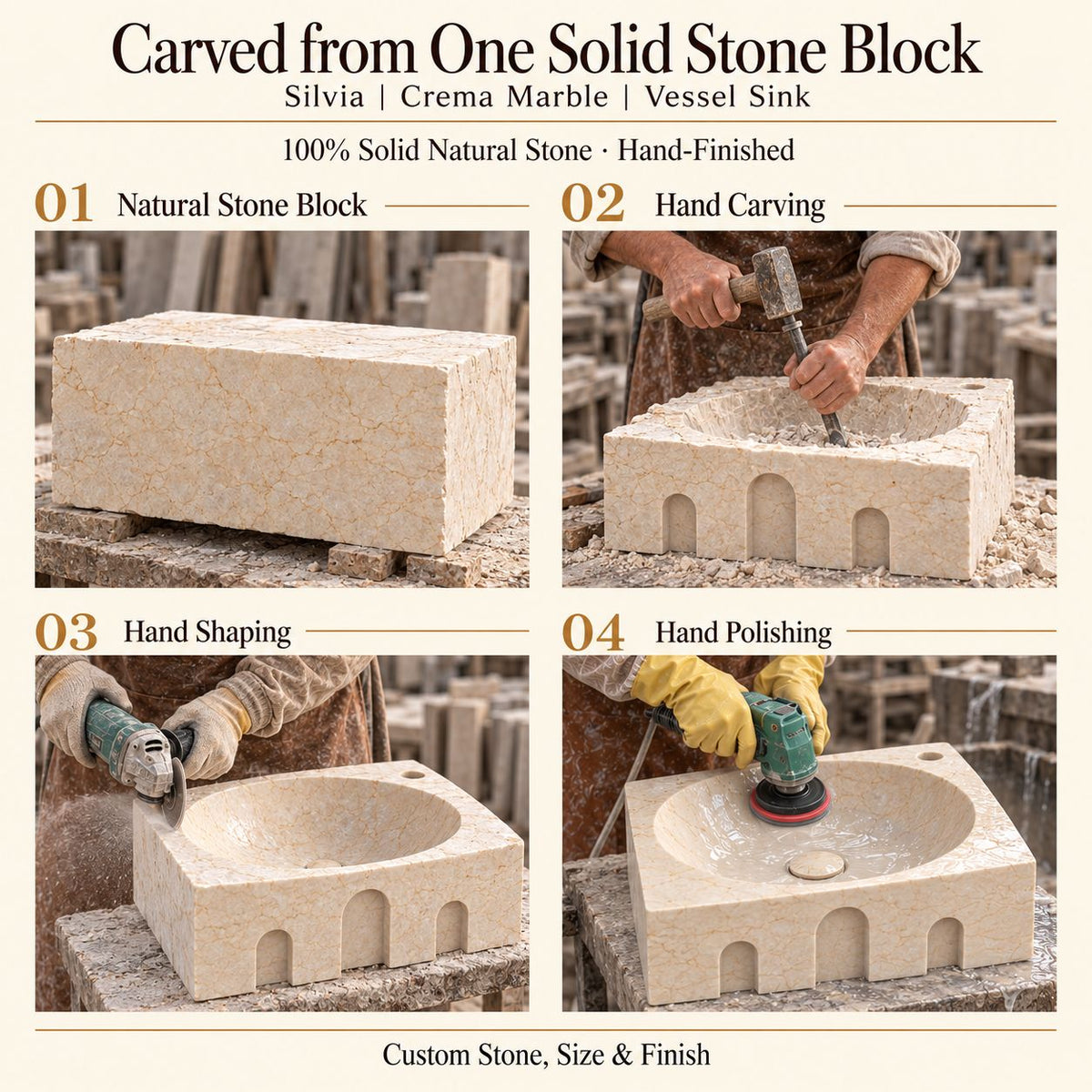 Silvia Crema Marble Vessel Sink carved from one solid stone block, showing manual hammer-and-chisel carving, hand shaping and hand polishing; custom stone, size and finish.