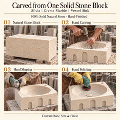 Silvia Crema Marble Vessel Sink carved from one solid stone block, showing manual hammer-and-chisel carving, hand shaping and hand polishing; custom stone, size and finish.