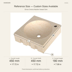 Silvia Crema Marble Vessel Sink reference overall dimensions in millimeters and inches
