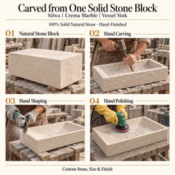 Silwa Crema Marble Vessel Sink carved from one solid stone block, showing manual hammer-and-chisel carving, hand shaping and hand polishing; custom stone, size and finish.