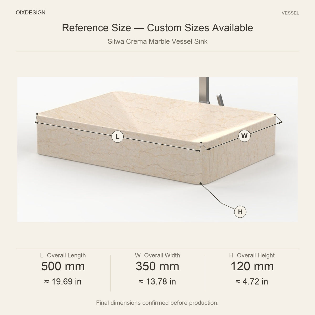 Silwa Crema Marble Vessel Sink reference overall dimensions in millimeters and inches