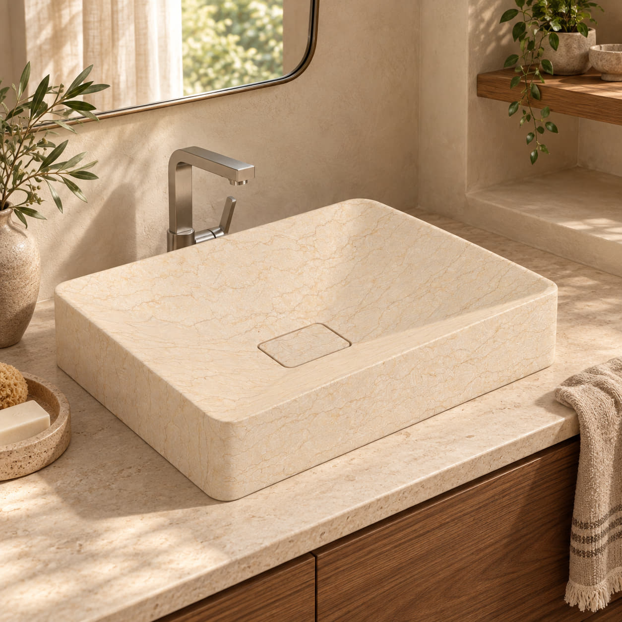 Silwa Crema Marble vessel sink in a warm Mediterranean bathroom