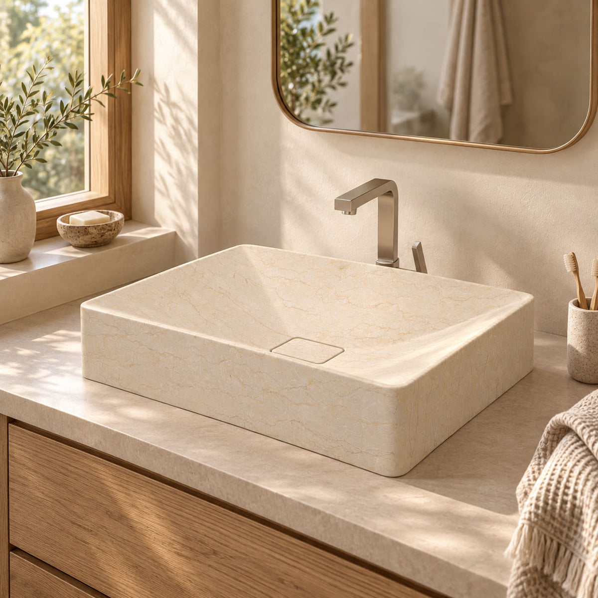 Silwa Crema Marble vessel sink beside an oak bathroom window