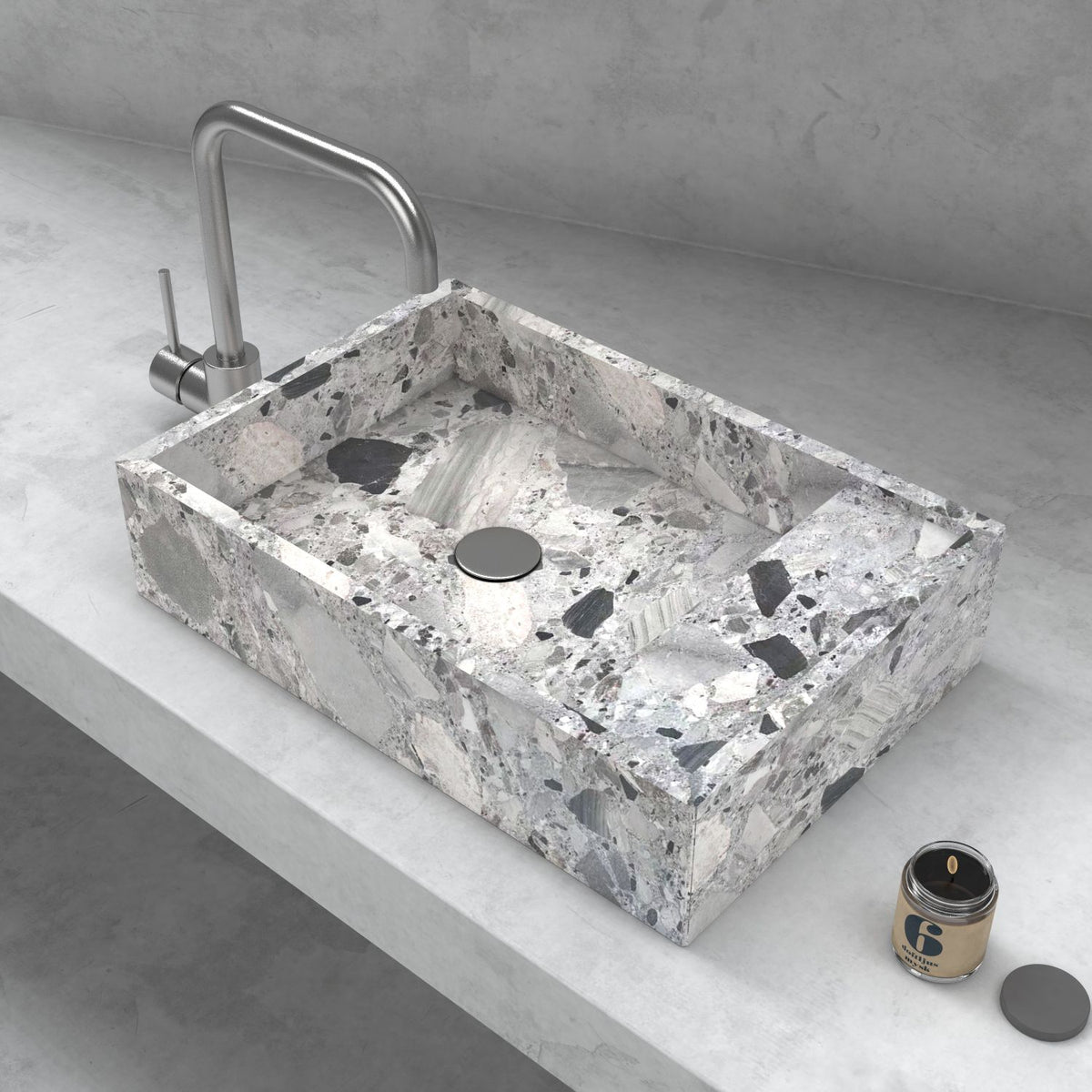 Simona Carnico Marble Vessel Sink, interior, rim and material detail