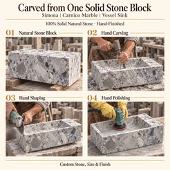 Simona Carnico Marble Vessel Sink carved from one solid stone block, showing manual hammer-and-chisel carving, hand shaping and hand polishing; custom stone, size and finish.