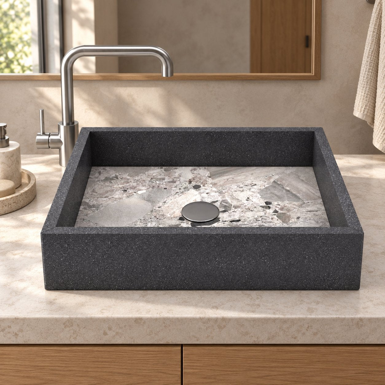 Simta Rectangular Granite & Carnico Marble Vessel Sink — frontal furnished bathroom