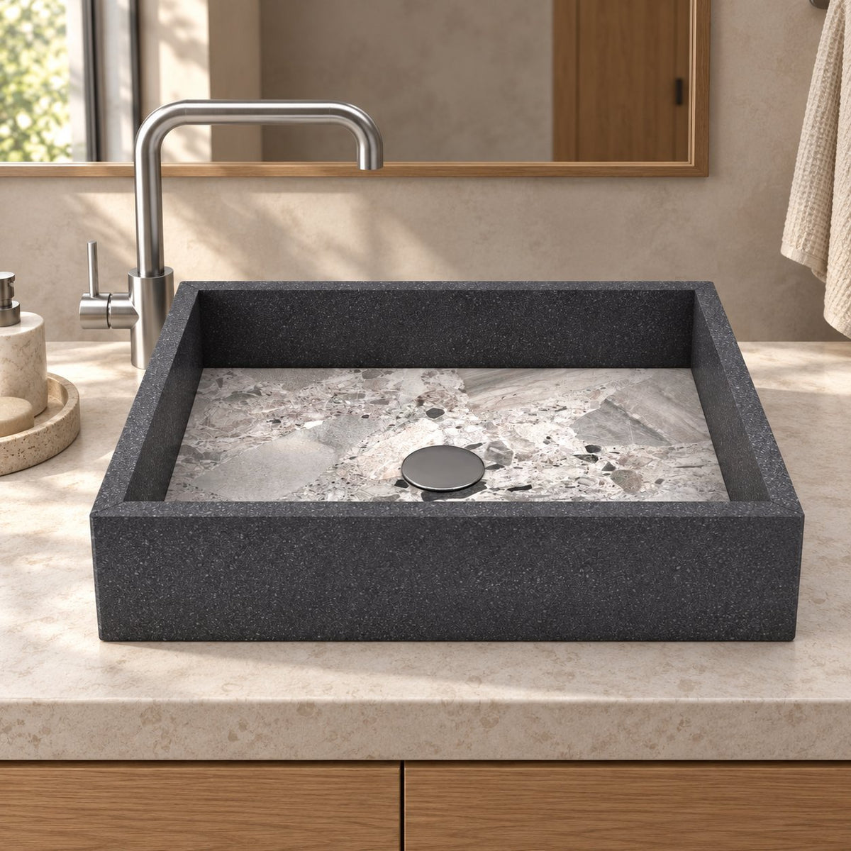 Simta Rectangular Granite & Carnico Marble Vessel Sink — frontal furnished bathroom