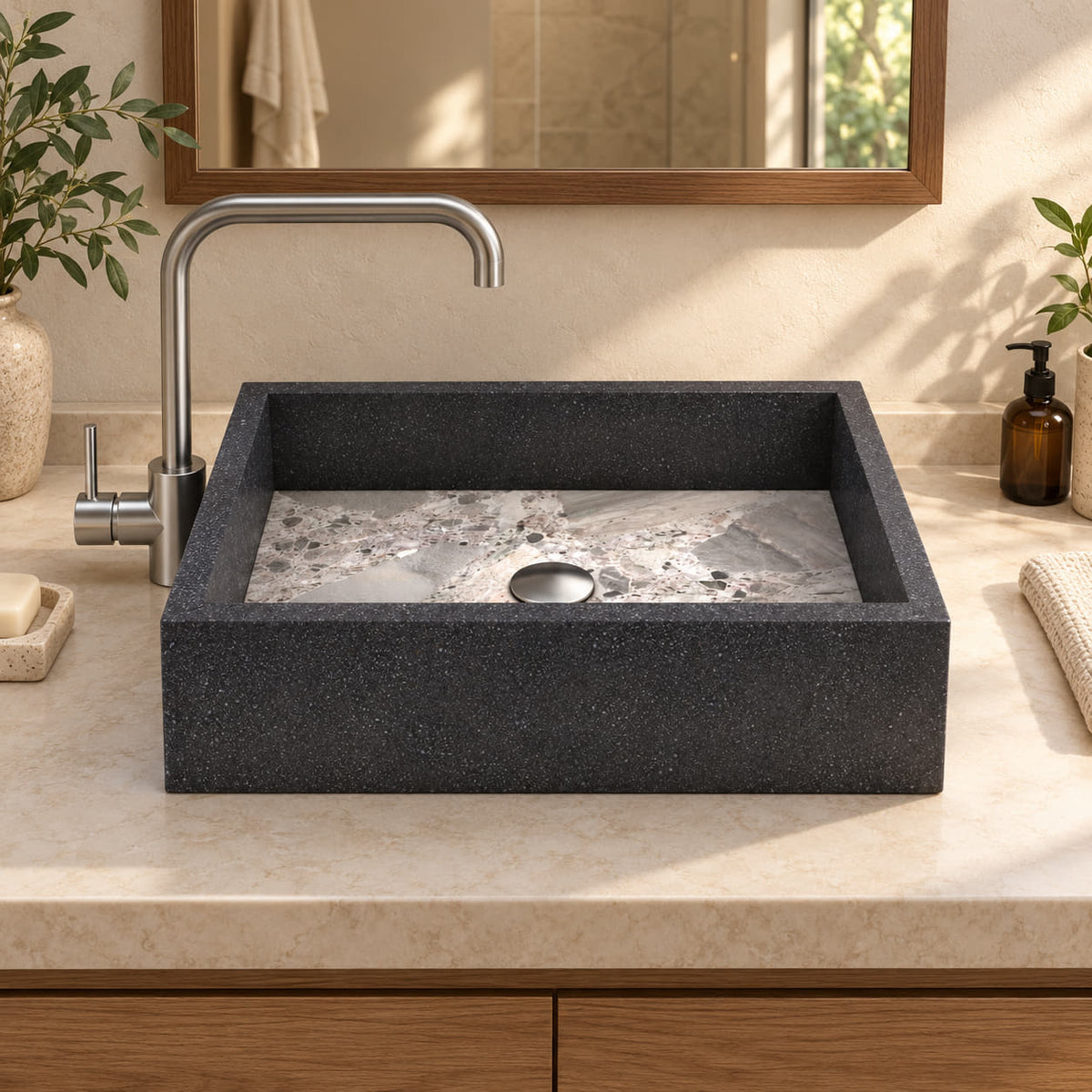 Simta Granite and Carnico Marble vessel sink in a warm oak bathroom