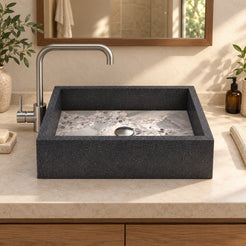 Simta Granite and Carnico Marble vessel sink in a warm oak bathroom