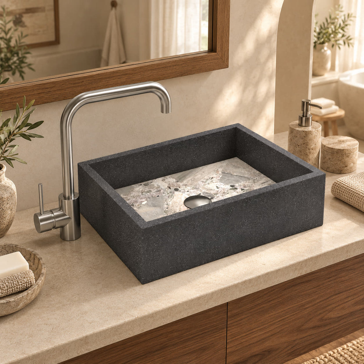 Simta Granite and Carnico Marble vessel sink from above in a sunlit walnut bathroom