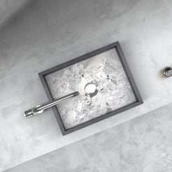 Top view of the Simta rectangular sink showing its veined marble basin and round drain