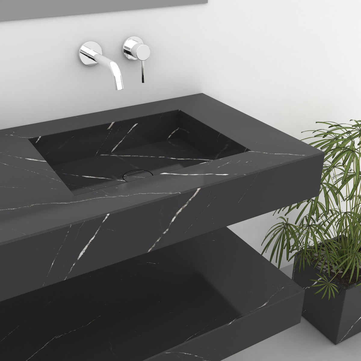 Close view of one Taipa Portoro marble basin and the veined front edge