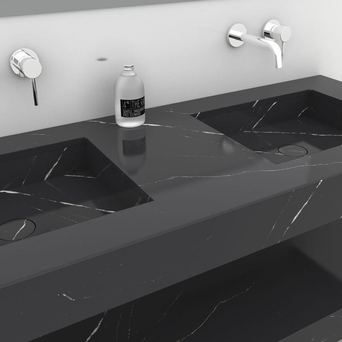 Detail of the Taipa Portoro marble double sink showing the stone surface between the basins