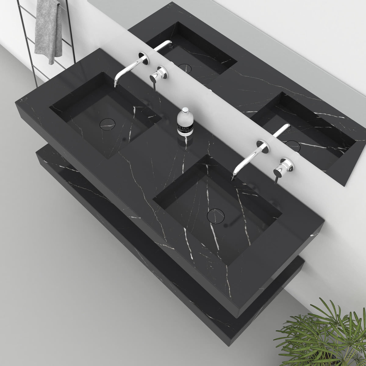 Top view of the Taipa Portoro marble sink showing two recessed basins