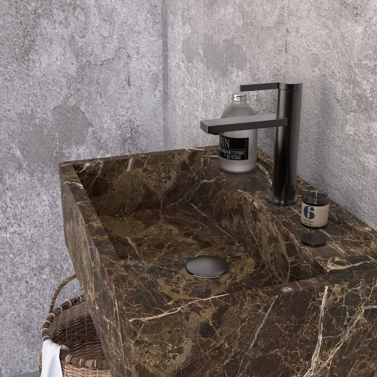Close-up of the Tiarra Marroca marble basin and circular drain