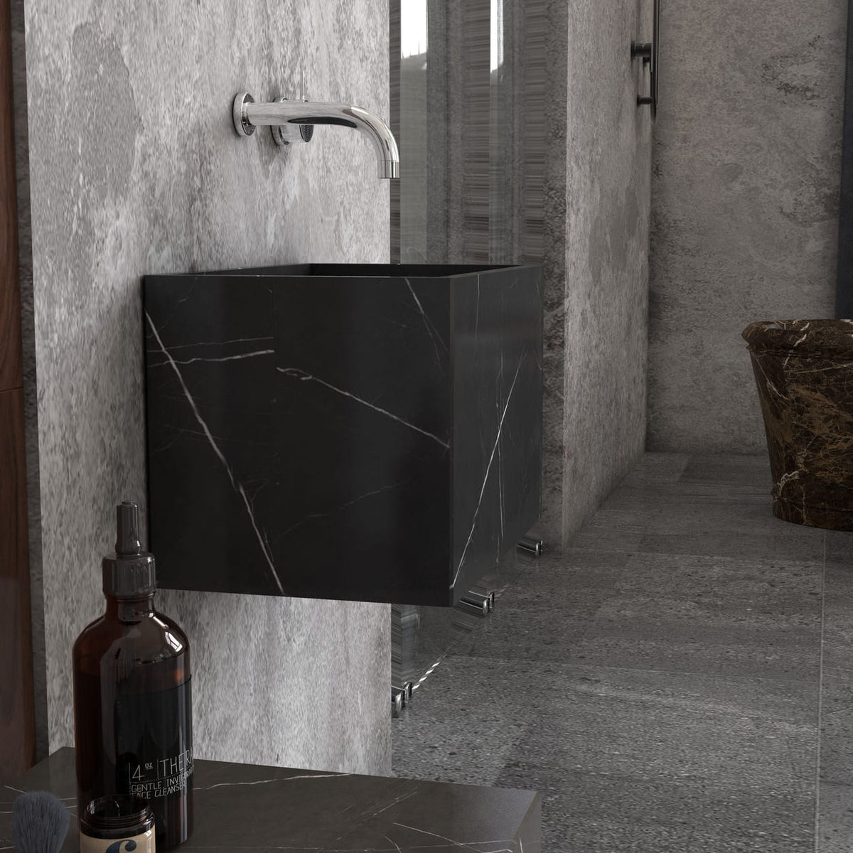 Side view of the Tilika Portoro marble sink showing its tall rectangular profile