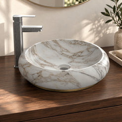 Illustrative walnut vanity setting showing the curved Sabino marble bowl and contrasting base detail