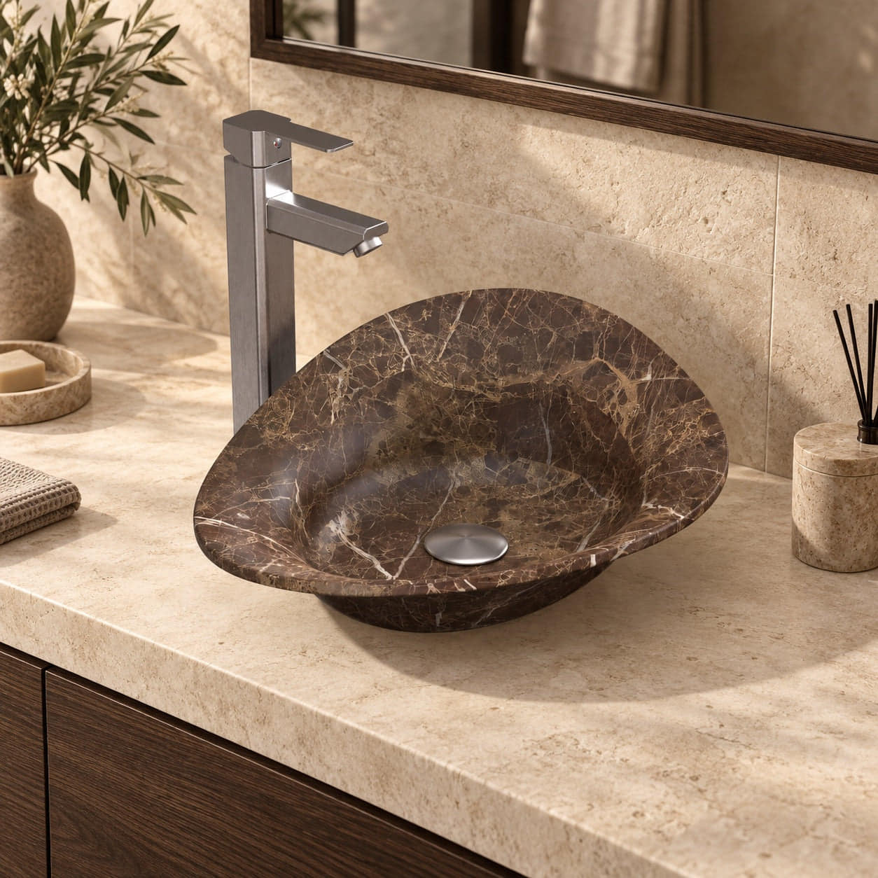 Sabria Marocca brown marble bowl with flared rim on a pale stone vanity