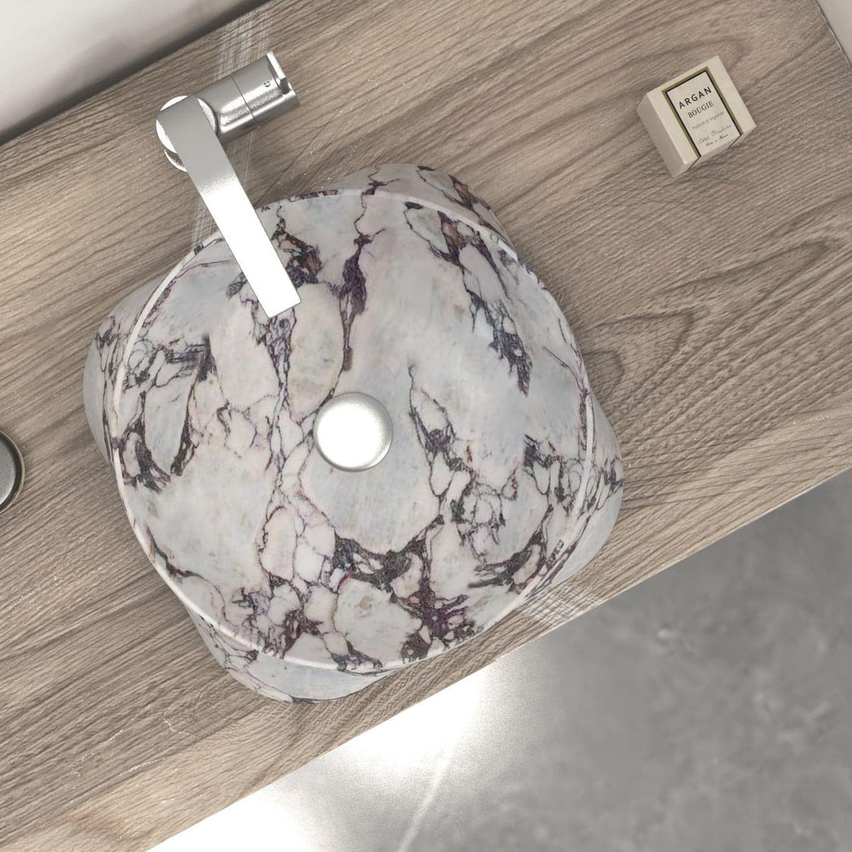 Safira overhead view of the Calacatta basin and wood countertop