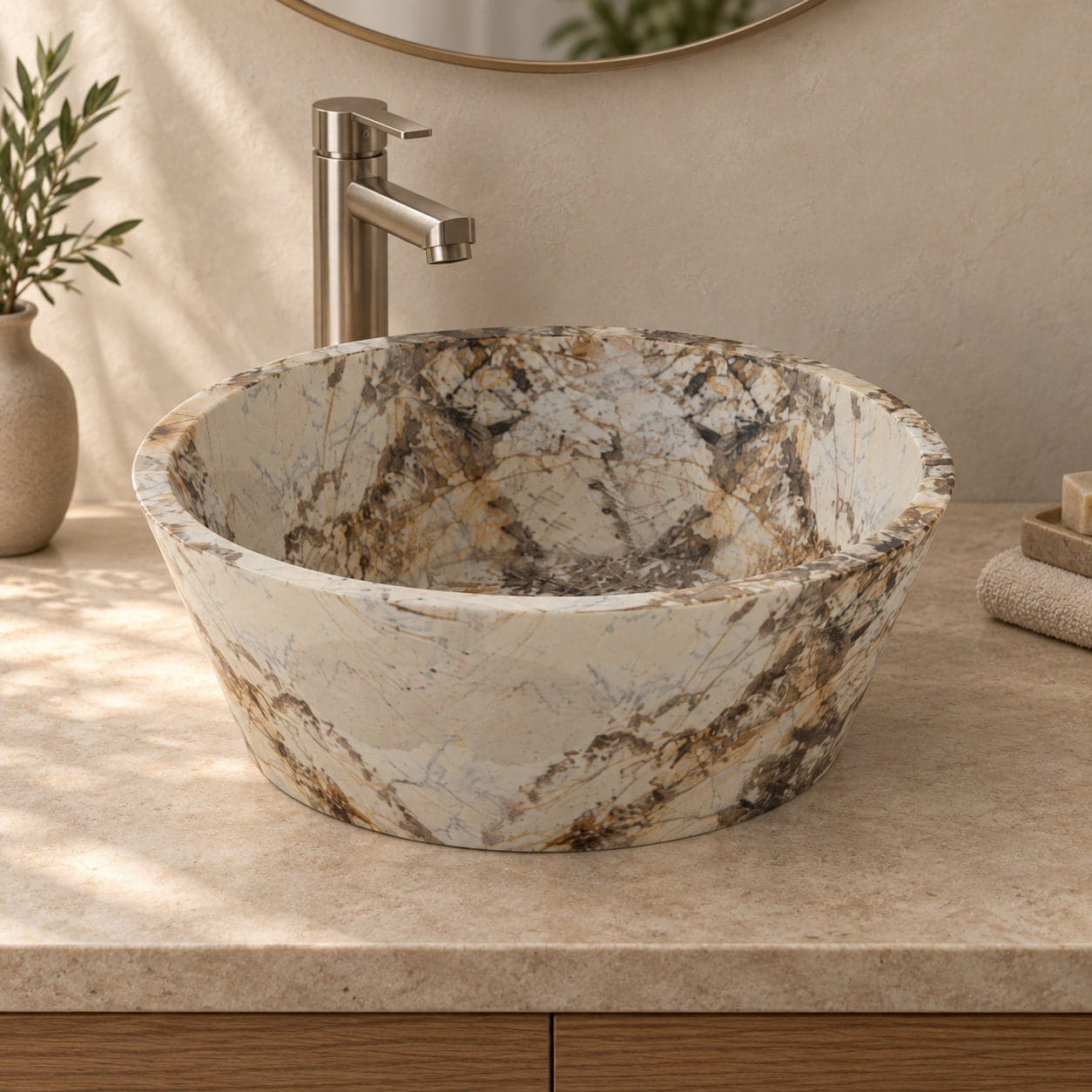 Sauri Pandora Blanc Quartzite vessel sink, alternate lifestyle view showing bowl and countertop