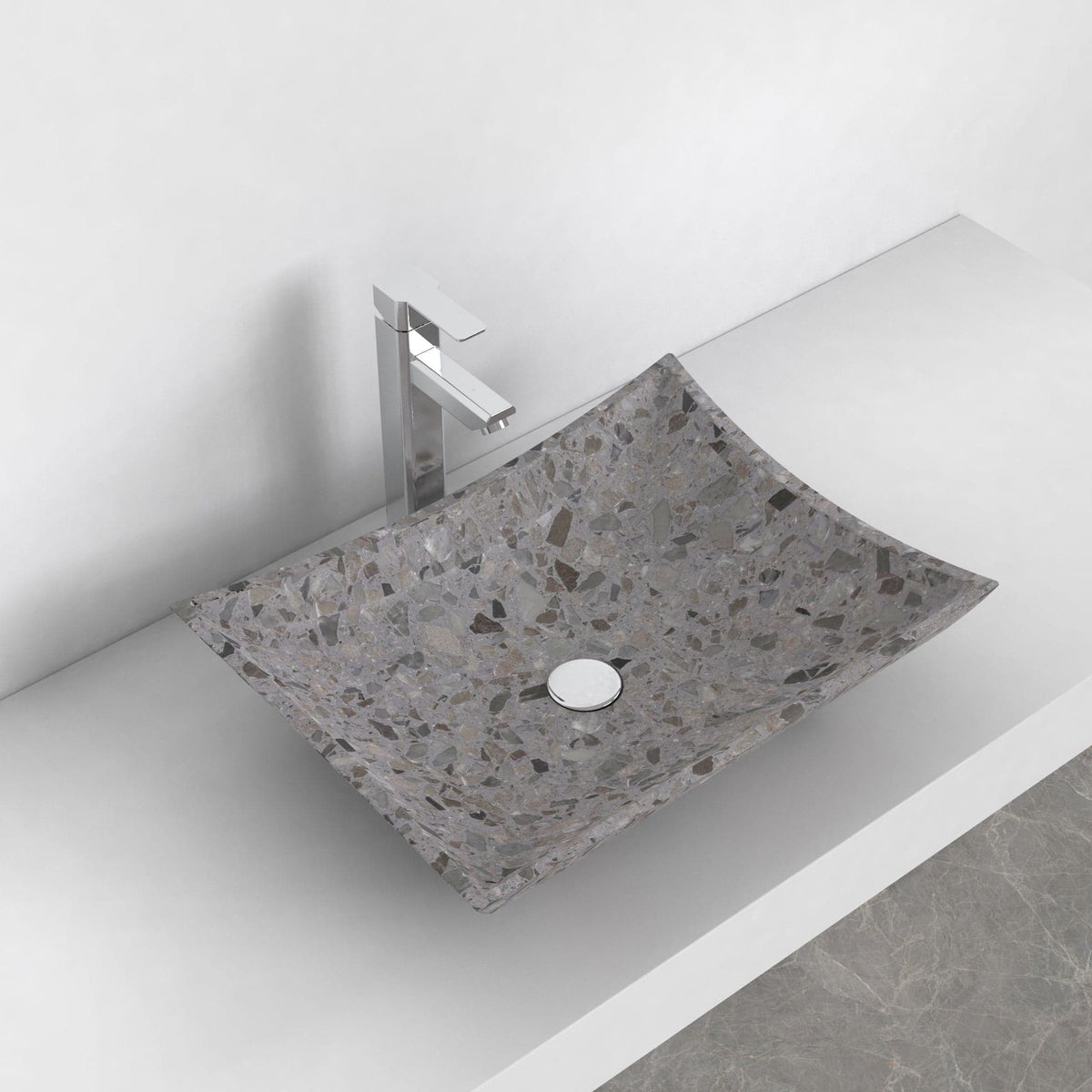 Shachi dark terrazzo vessel sink, elevated countertop lifestyle view