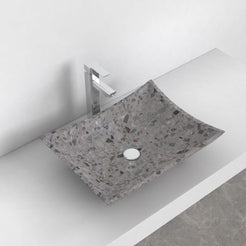 Shachi dark terrazzo vessel sink, elevated countertop lifestyle view