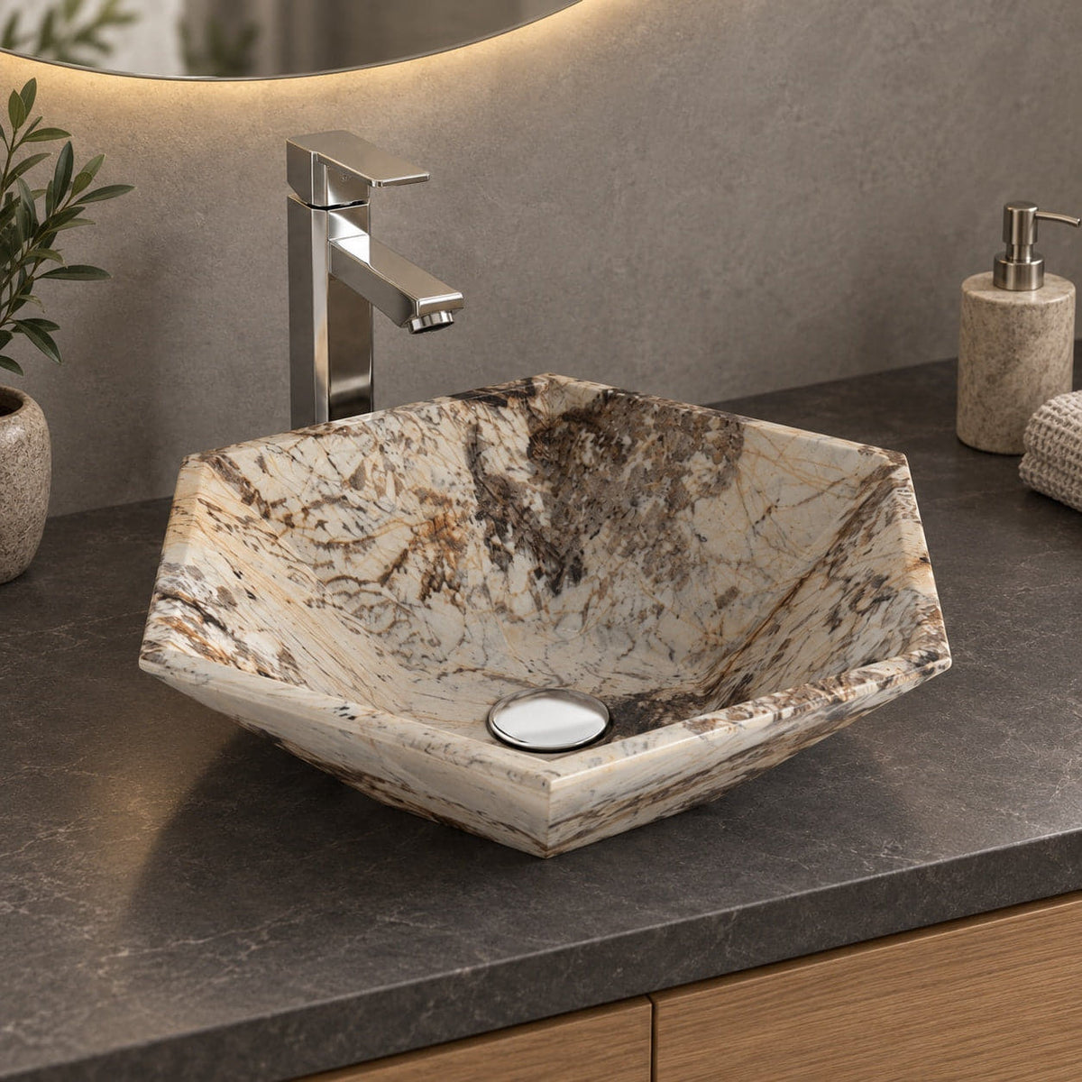 Shadley Pandora Blanc Quartzite Vessel Sink, alternate lifestyle view of the vessel