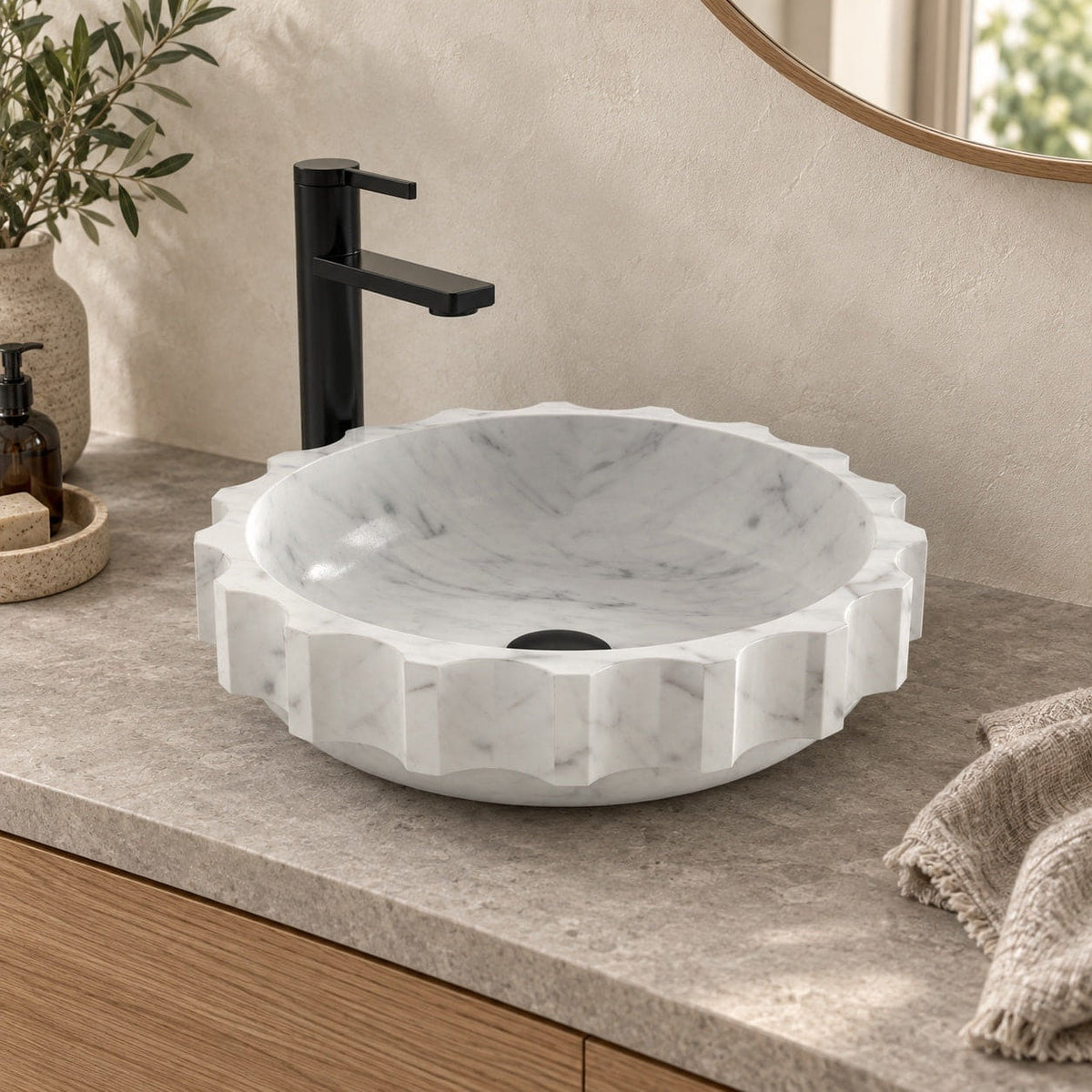 Sisley Carrara Marble Vessel Sink, second countertop view of the bowl and rim